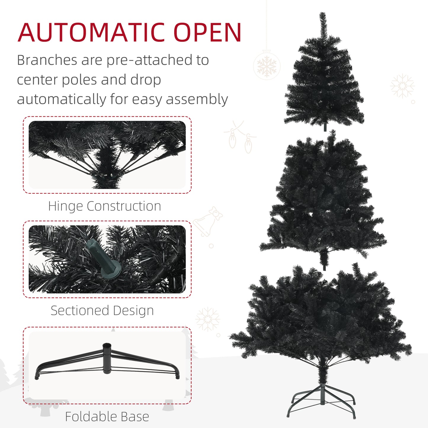 HOMCOM 7.5ft Artificial Christmas Trees with Auto Open and Steel Base, Black