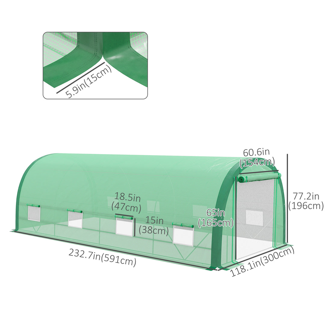 Outsunny 19.5' x 10' x 6.5' Upgraded Tunnel Greenhouse Green House with Mesh Door and Windows, 15 Plant Labels and Gloves, Green