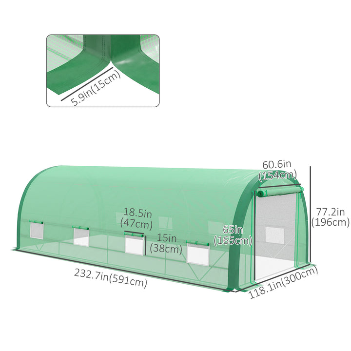 Outsunny 19.5' x 10' x 6.5' Upgraded Tunnel Greenhouse Green House with Mesh Door and Windows, 15 Plant Labels and Gloves, Green