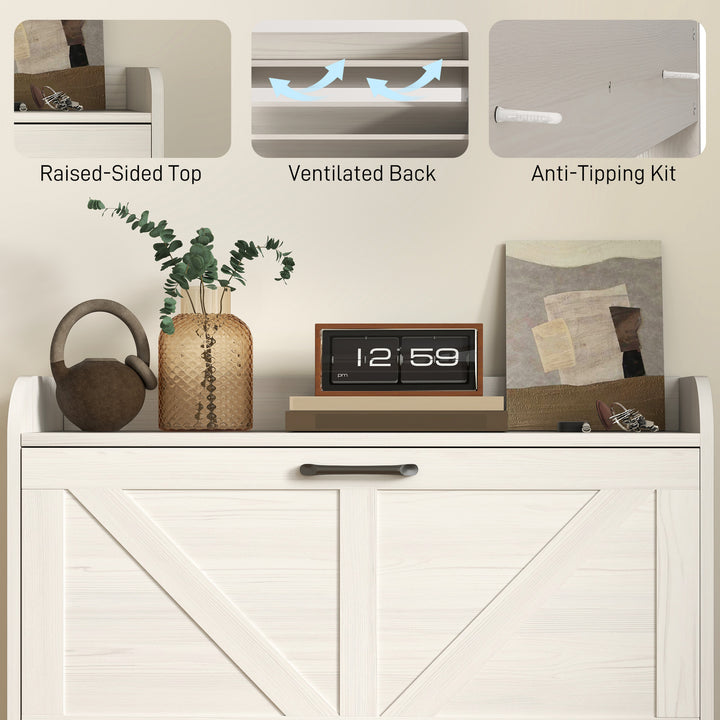 HOMCOM Narrow Shoe Storage Cabinet, Farmhouse Slim Shoe Cabinet with 2 Flip Drawers, Adjustable Shelves, White Oak