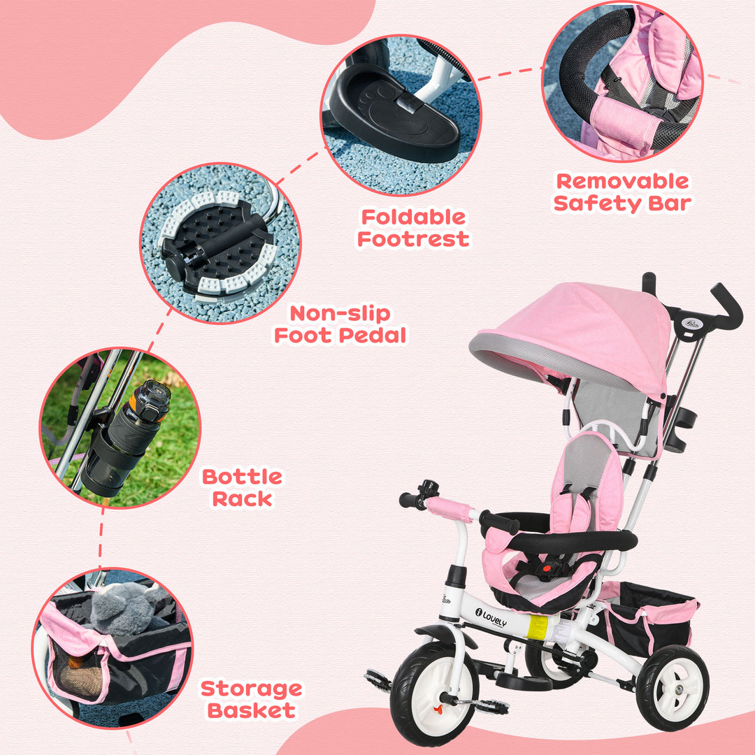 Qaba 6 in 1 Toddler Tricycle Stroller with Basket, Canopy, 5-point Safety Harness, for 12-60 Months, Pink