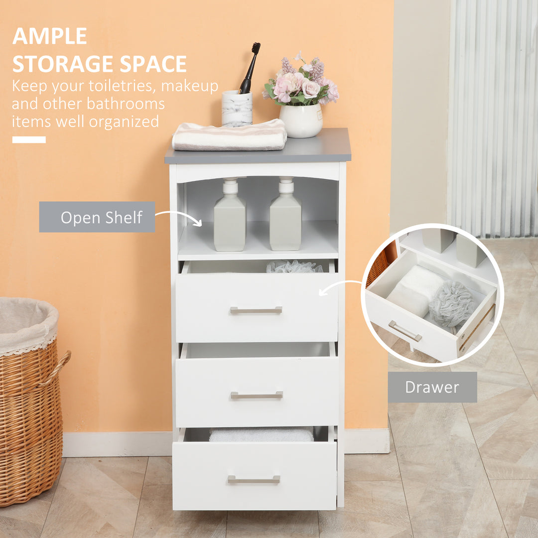 kleankin Small Bathroom Storage Cabinet, Floor Cabinet with 3 Drawers and Open Component, Narrow Bathroom Cabinet, White