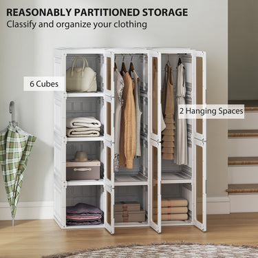 HOMCOM Portable Wardrobe, Foldable Plastic Closet with 8 Compartments, 2 Hanging Rods and Magnetic Clear Doors, Brown