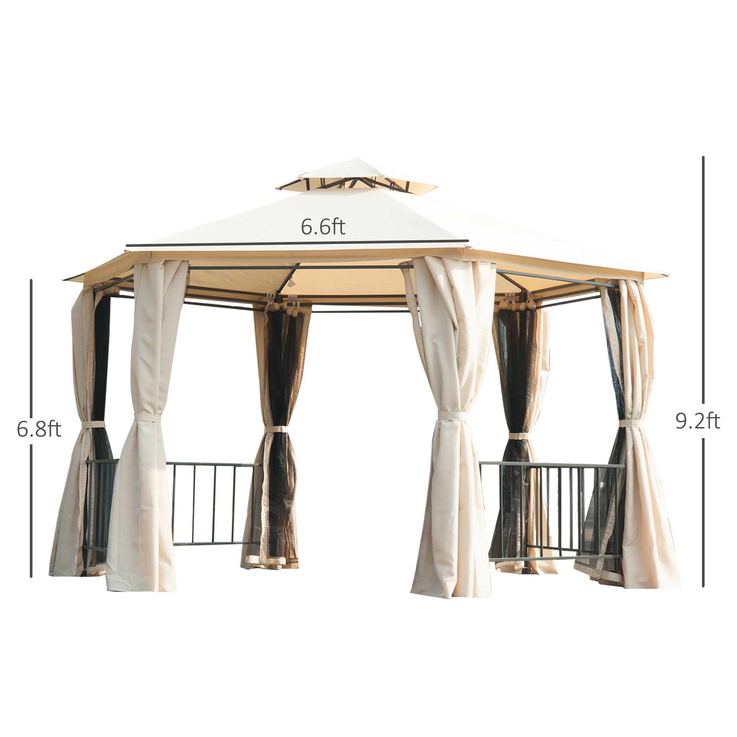 Outsunny 13ft Hexagon Gazebo Outdoor Canopy Shelter with Netting and Shaded Curtains Beige