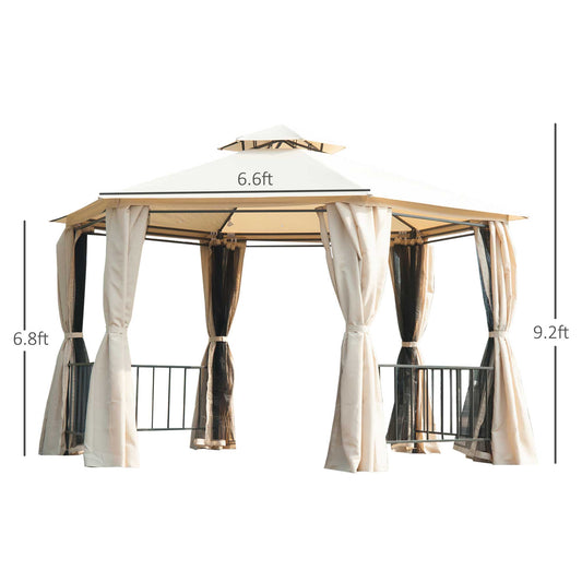 Outsunny 13ft Hexagon Gazebo Outdoor Canopy Shelter with Netting and Shaded Curtains Beige