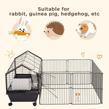 PawHut Metal Small Animal Cage, Rabbit Cage for Guinea Pig Chinchilla Hedgehog Bunny with Removable Wheels and Foldable Detachable Run Fence, 34.6" L x 50.6" W x 22" H