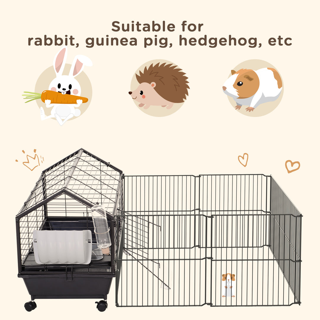 PawHut Metal Small Animal Cage, Rabbit Cage for Guinea Pig Chinchilla Hedgehog Bunny with Removable Wheels and Foldable Detachable Run Fence, 34.6" L x 50.6" W x 22" H