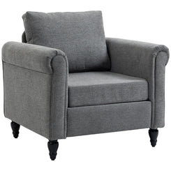 HOMCOM Vintage Armchair, Upholstered Accent Chair with Rolled Arms, Gourd-Shaped Rubber Wood Legs, Light Grey