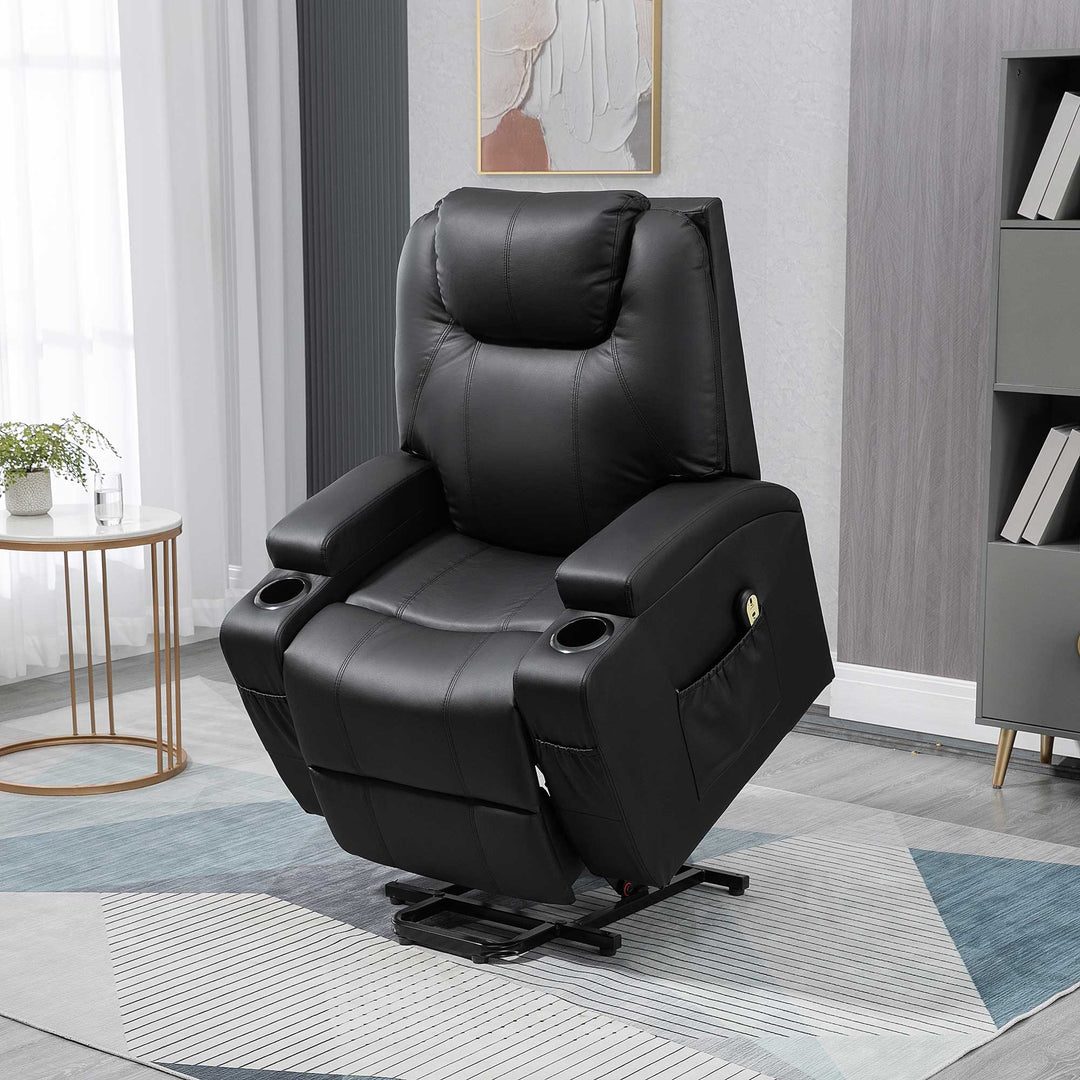 HOMCOM Power Lift Recliner Chair for Elderly, PU Leather Lift Chair with Footrest, Remote Control, Side Pockets and Cup Holders, Reclining Sofa for Living Room, Black