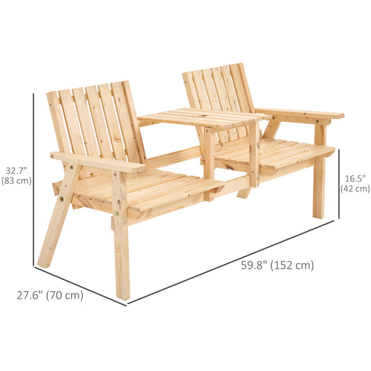 Outsunny Garden Bench for 2 Persons with Middle Table and Umbrella Hole, 2-Seater Outdoor Wooden Bench with Slat Design, Natural