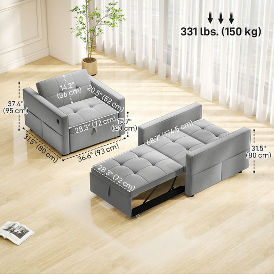 HOMCOM Convertible Chair Bed, Pull Out Sleeper Chair with USB, Adjustable Backrest, Small Velvet Futon Sofa Bed, Grey