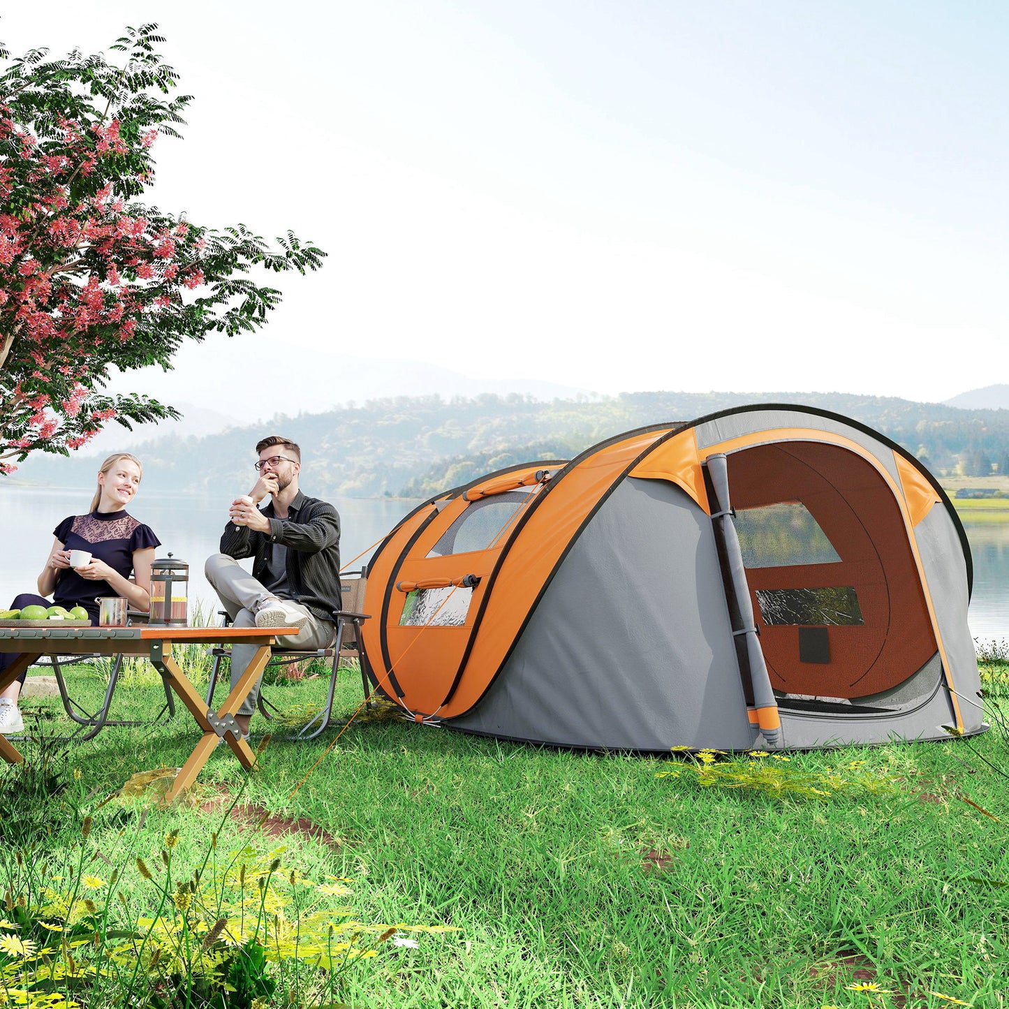 Outsunny 4 Person Camping Tent, Easy Pop Up Tent with Doors, Windows and Carry Bag, Automatic Setup Tent for Hiking, Orange