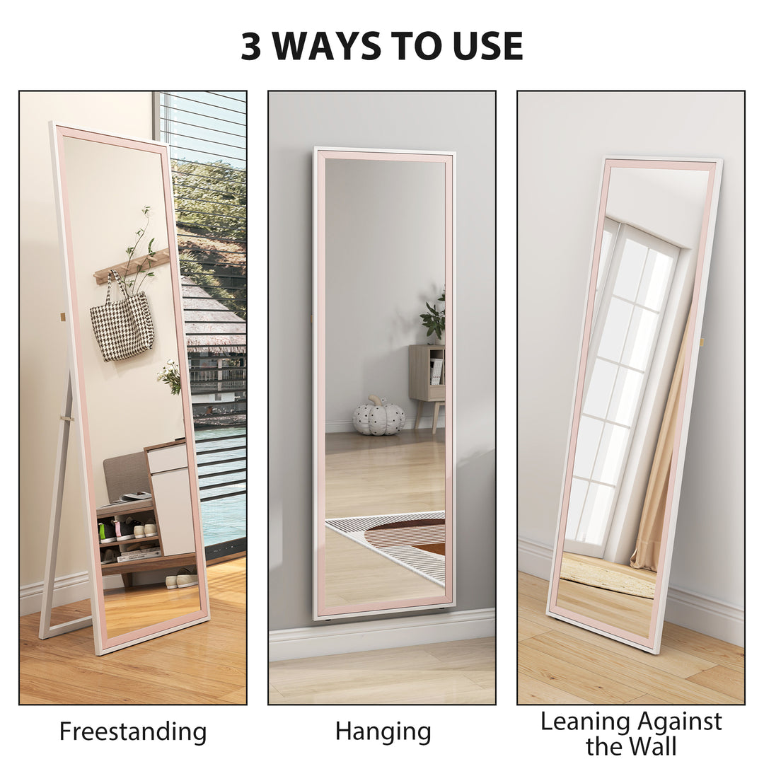 HOMCOM 64" x 21" Full Length Mirror, Rectangular Full Body Mirror with Frame, Standing, Hanging or Leaning, White and Pink