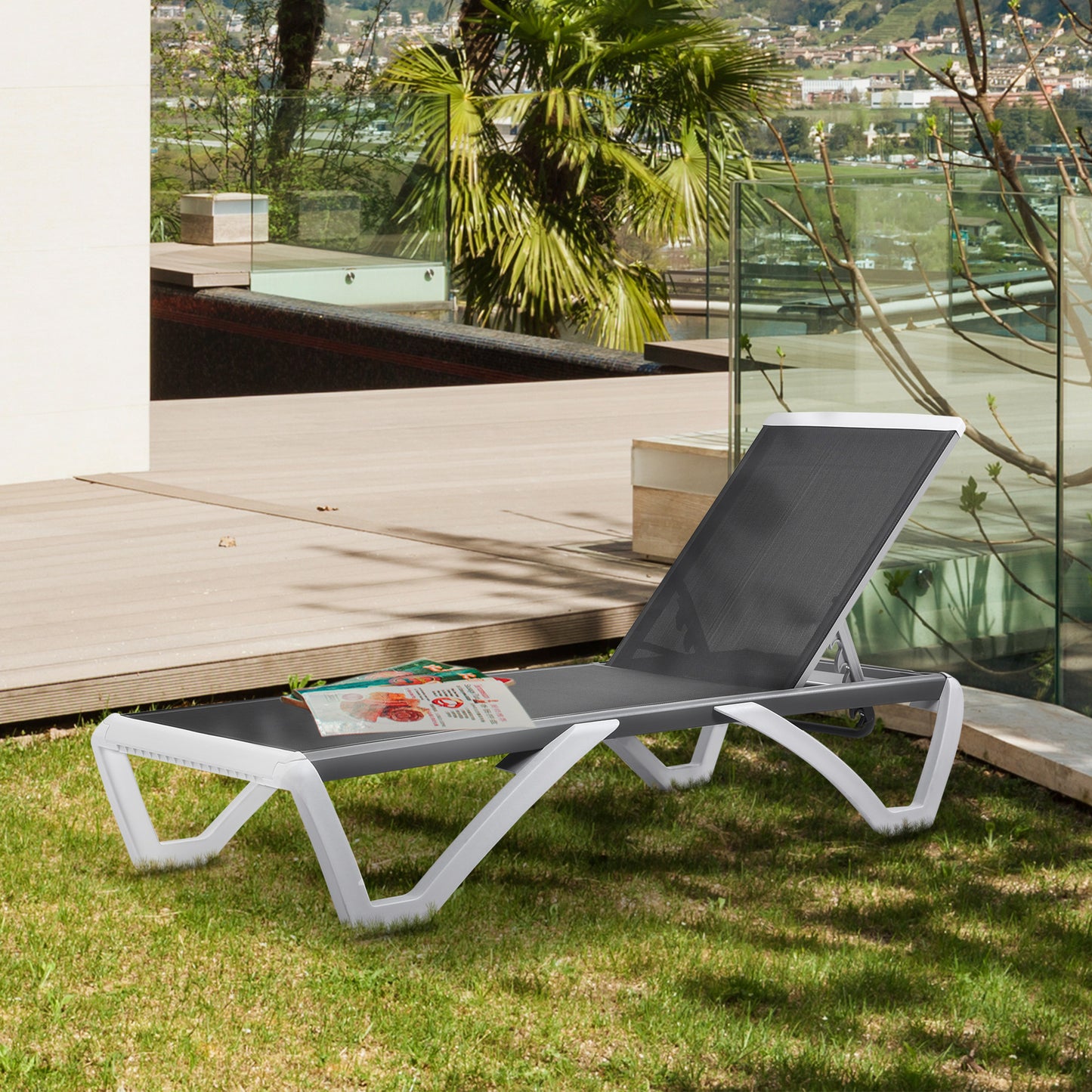 Outsunny Outdoor Chaise Lounge Chair, Patio Aluminum Tanning Chair with 5-Level Adjustable Back, Portable Wheels, Breathable Mesh Fabric, for Pool, Deck,  Garden, Black