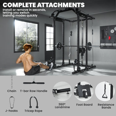 Soozier Multi-Functional Power Rack, Smith Machine Cable Crossover System with Pull Up Bar, Lat-Pull Down System, Landmine