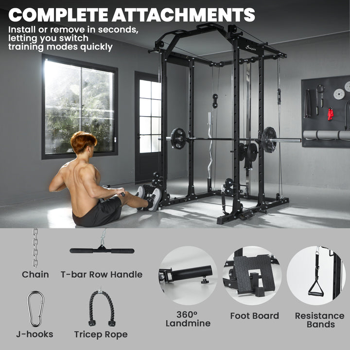 Soozier Multi-Functional Power Rack, Smith Machine Cable Crossover System with Pull Up Bar, Lat-Pull Down System, Landmine