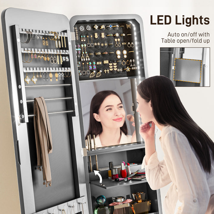 HOMCOM Freestanding Mirror Jewelry Cabinet Armoire, LED Lighted Jewelry Organizer with Stand, Angle Adjustable, White