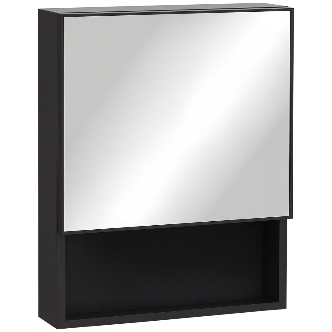 kleankin Bathroom Medicine Cabinet, Wall-Mounted Mirror Cabinet with Single Door, Storage Shelves and Stainless Steel Frame for Laundry Room, Black