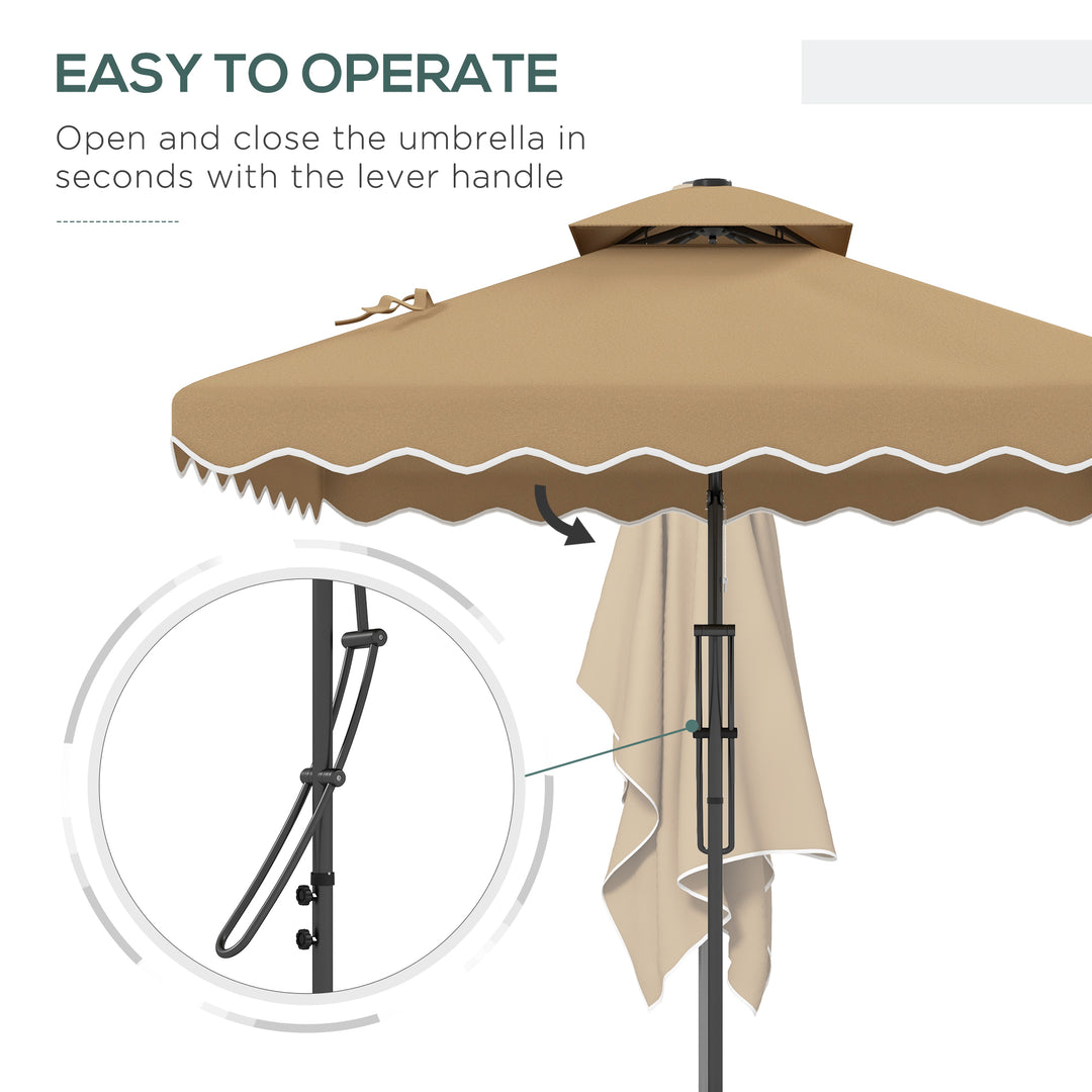 Outsunny 8' x 8' Square Double Top Offset Patio Umbrella Garden Parasol with Solar LED Lights, Ruffles and Weights, Khaki