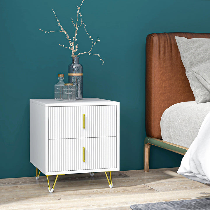 HOMCOM Bedside Table, Modern Nightstand with 2 Drawers, Side End Table with Metal Legs for Living Room, Bedroom, White