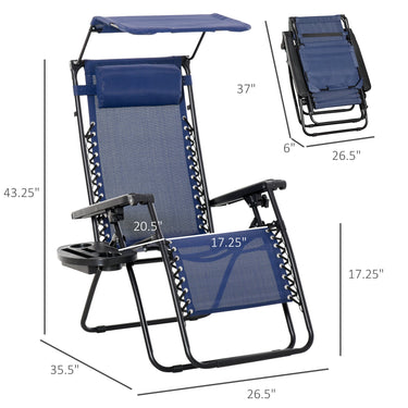 Outsunny 2 Piece Foldable Lounge Chair with Canopy Shade, Outdoor Zero Gravity Chair w/ Side Tray & Cup Holder, Reclining Lounger w/ Breathable Mesh Fabric Seat, Pillow, Blue