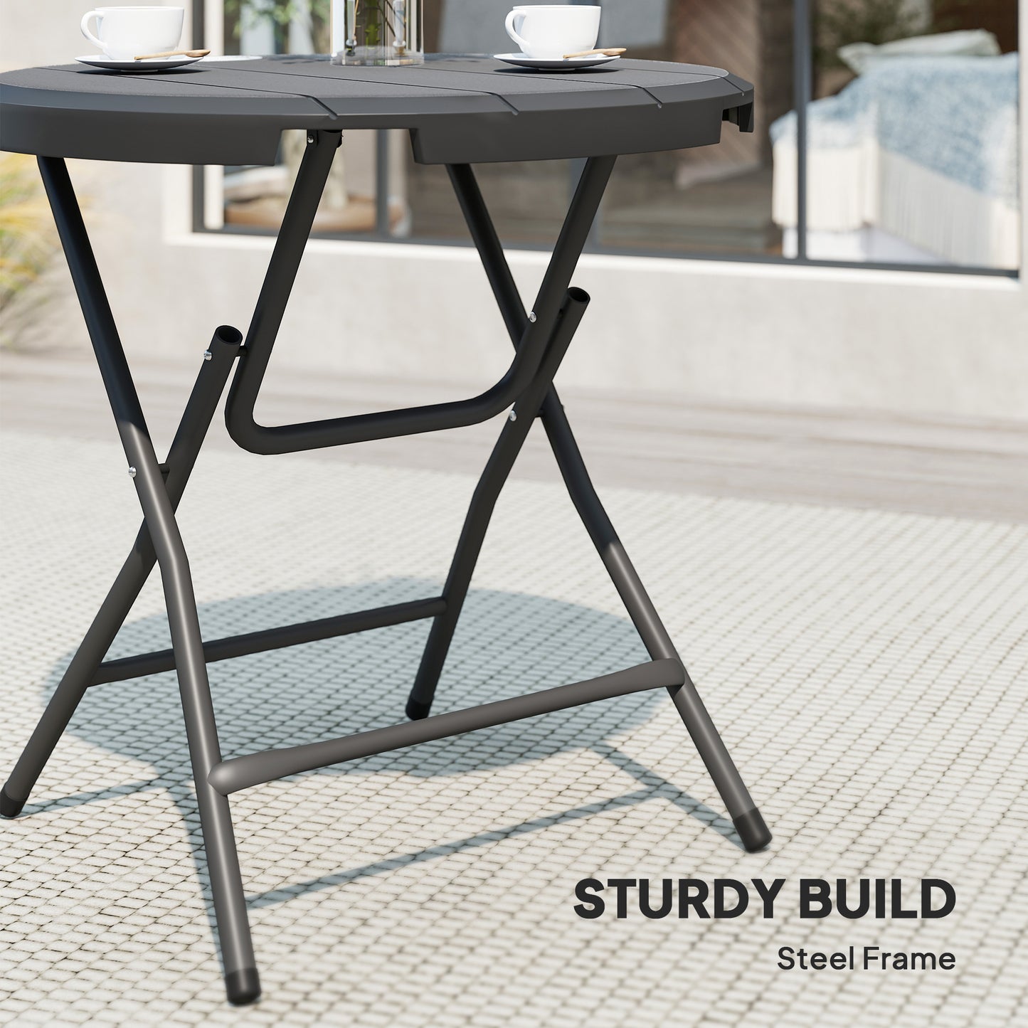 Outsunny Foldable Round Patio Table for 4, Outdoor Dining Table with HDPE Tabletop and Steel Frame, Dark Grey
