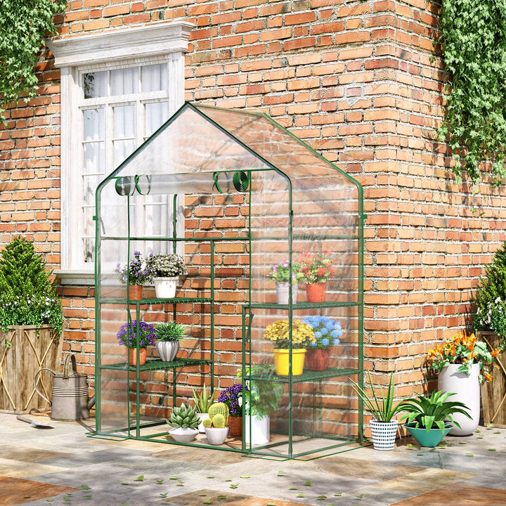 Outsunny 56" x 29" x 77" Walk-in Greenhouse, Mini Greenhouse with 4 Shelves, Roll-Up Door and Weatherized Cover, Clear