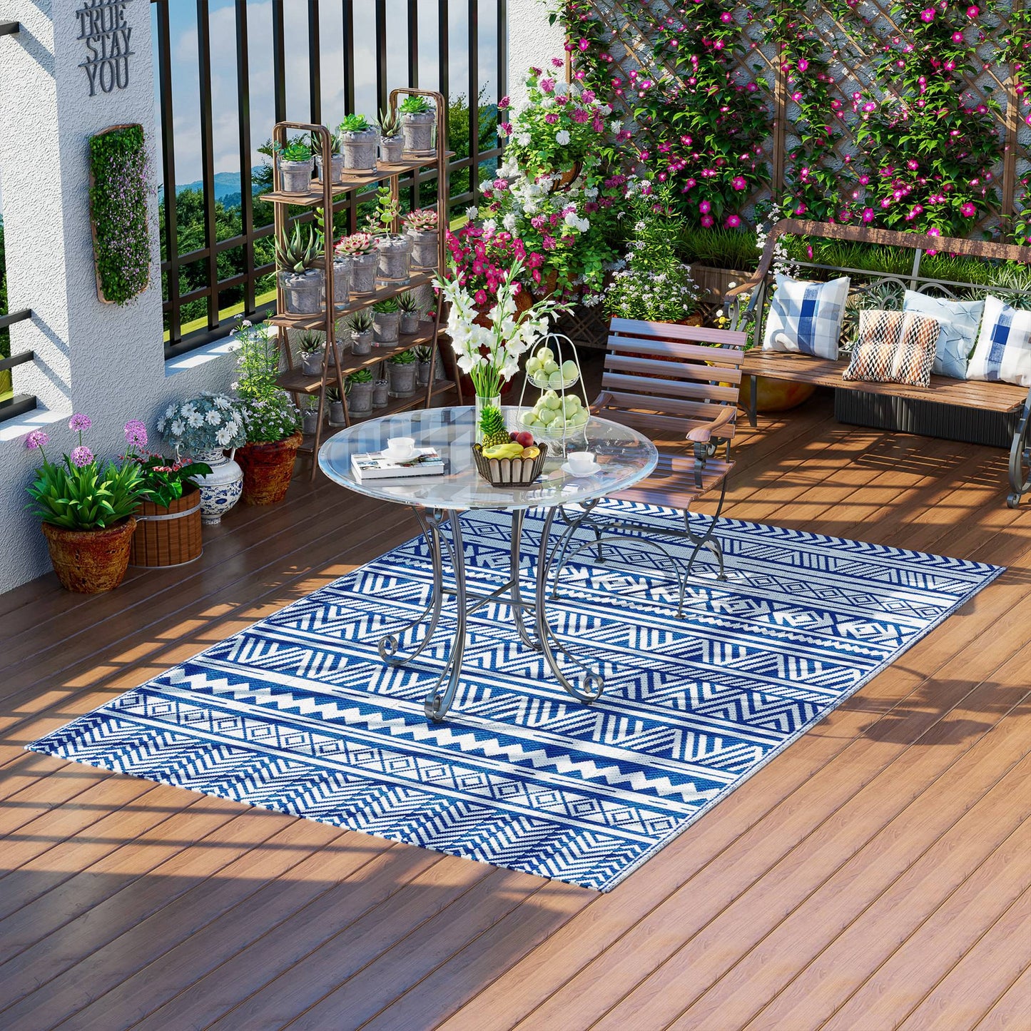 Outsunny Reversible Outdoor Rug, Patio Floor Mat, 6' x 9' Plastic Rug for Backyard, Deck, Beach, Camping, Dark Blue and White