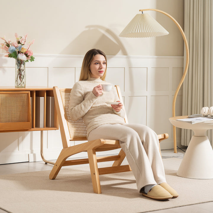 HOMCOM Rattan Accent Chair, Mid-Century Leisure Chair with Rubber Wood Frame, for Bedroom Living Room, Natural