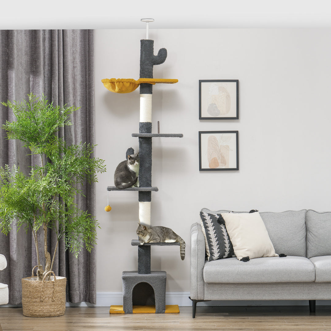 PawHut Floor to Ceiling Cat TreeTower with 90.5"-108" Adjustable Height, Scratching Posts, Hammock, Comdo, Toy Ball, Light Grey