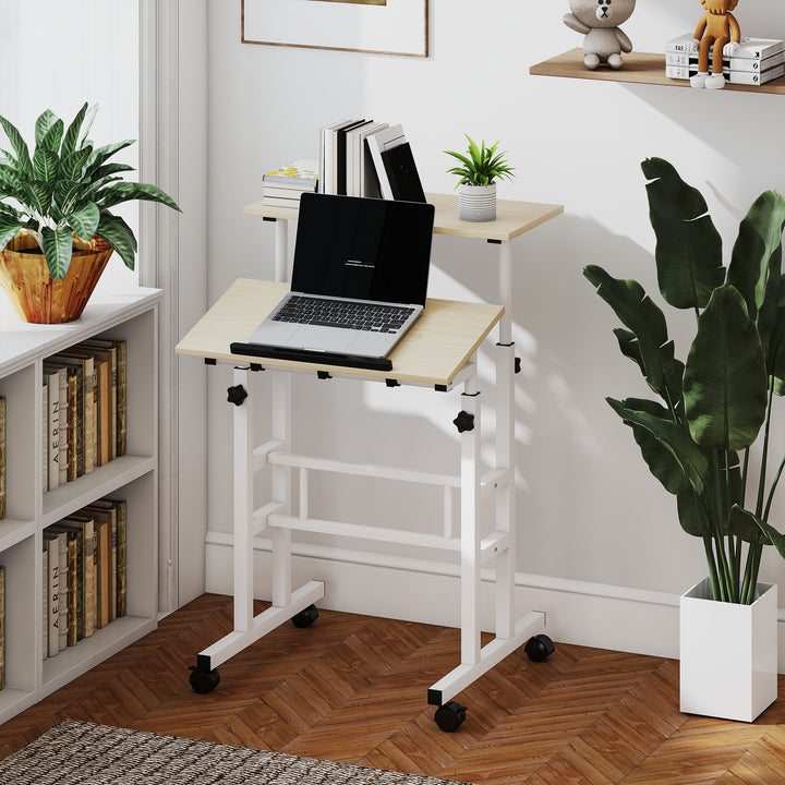 HOMCOM Stand Up Desk, Height & Angle Adjustable Computer Desk with Wheels for Standing or Sitting, Laptop Table, Natural