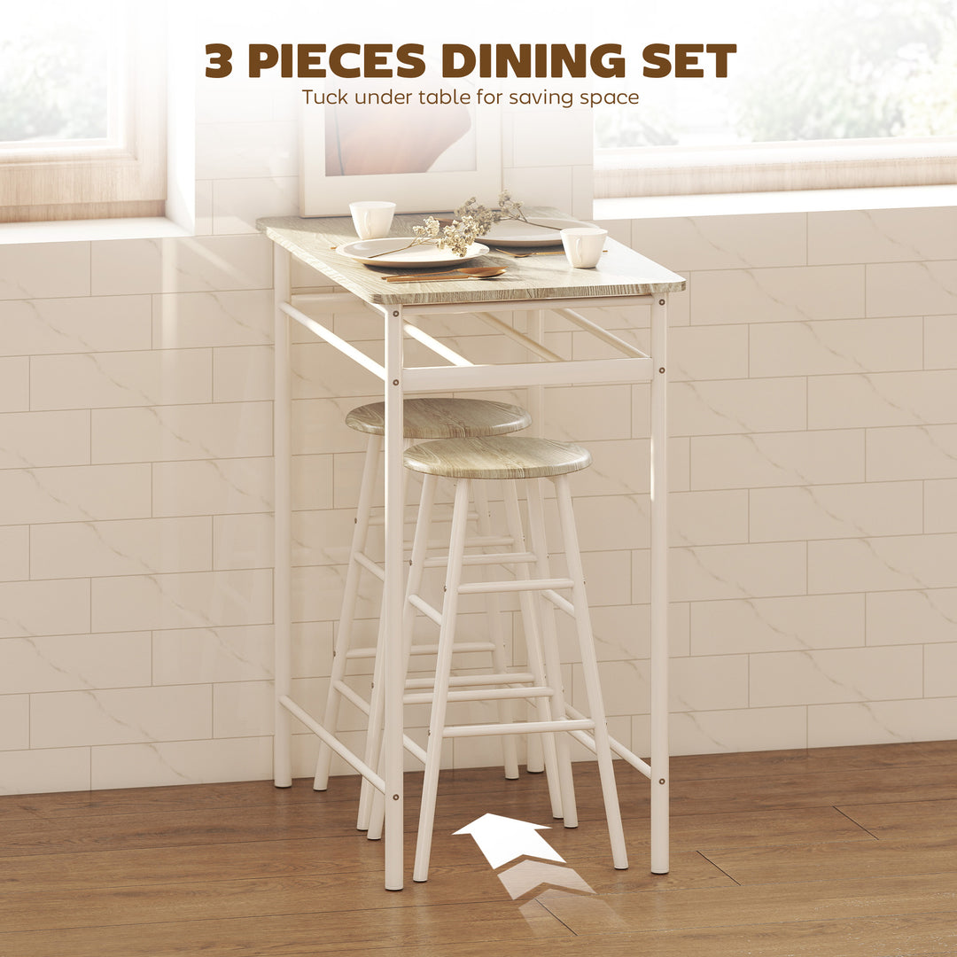 HOMCOM 3 Piece Counter Height Bar Table Set with 1 Table, 2 Matching Stools, Dining Table Set with Storage Shelf and Metal Frame Footrest, Black and Oak