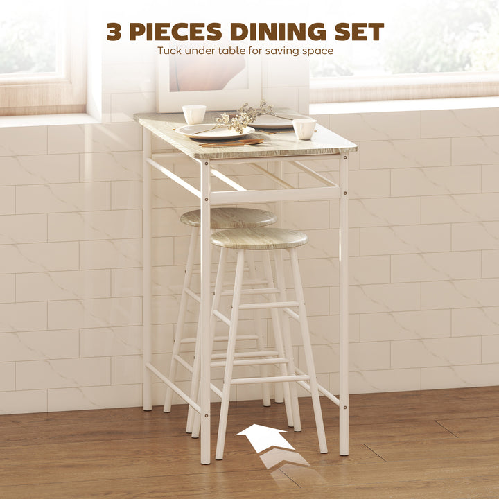 HOMCOM 3 Piece Counter Height Bar Table Set with 1 Table, 2 Matching Stools, Dining Table Set with Storage Shelf and Metal Frame Footrest, Black and Oak