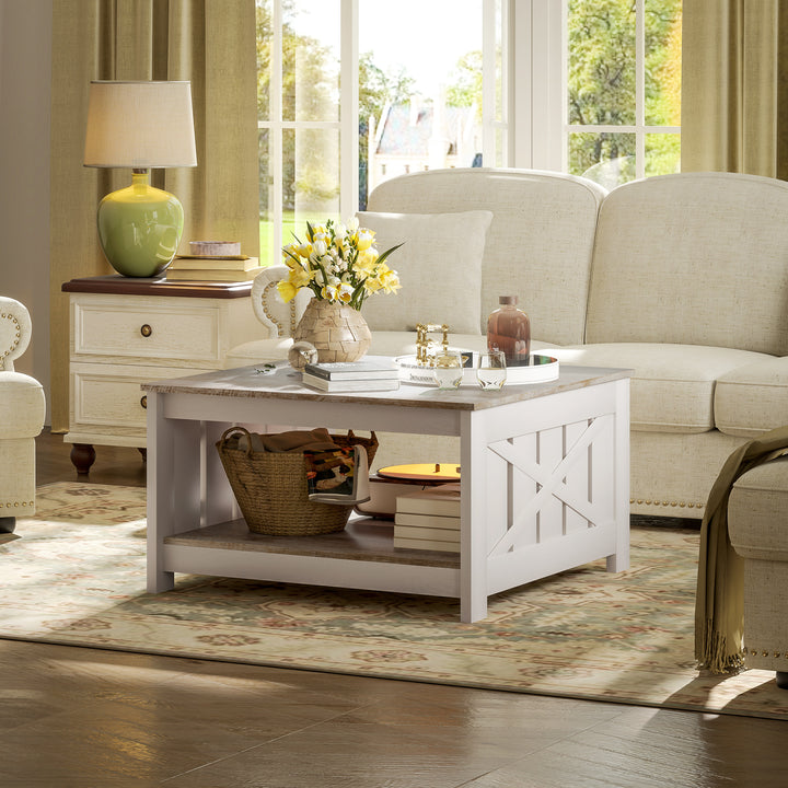 HOMCOM 31.5" Square Coffee Table, Farmhouse 2-Tier Center Table for Living Room, Distressed Oak and Brown