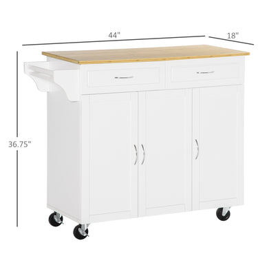 HOMCOM Kitchen Cart with Storage, Rolling Kitchen Island on Wheels with Bamboo Countertop, Drawers, Cabinets, 3 Doors, White