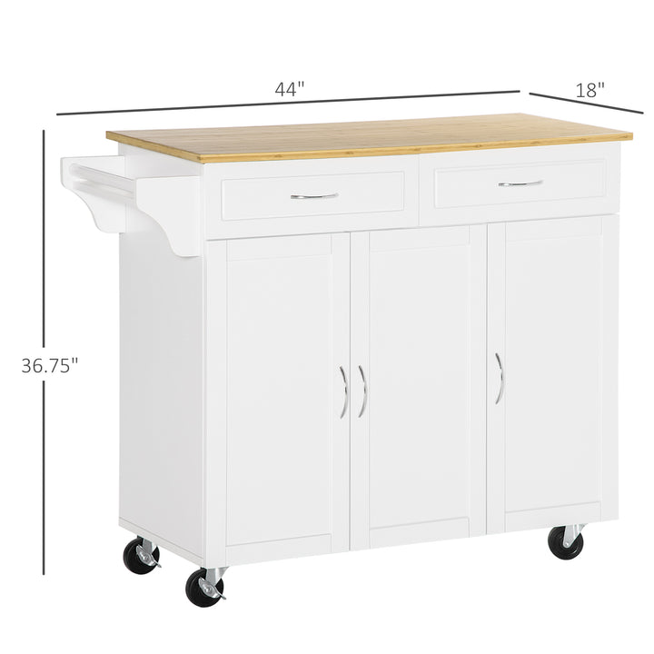 HOMCOM Kitchen Cart with Storage, Rolling Kitchen Island on Wheels with Bamboo Countertop, Drawers, Cabinets, 3 Doors, White