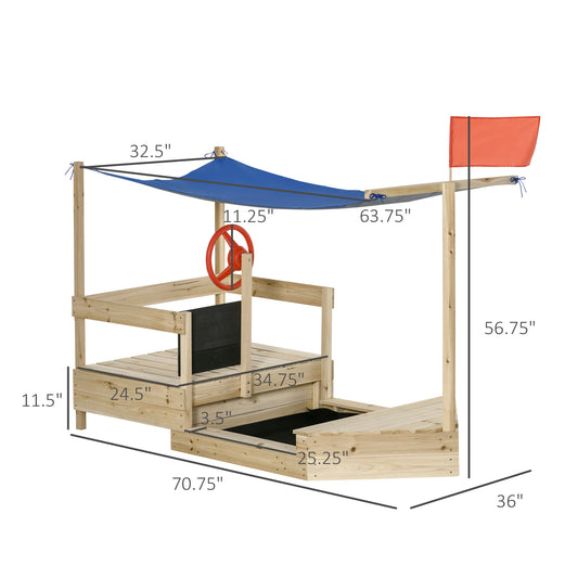 Outsunny Kids Wooden Sandbox with Cover, Foldable Sandpit, Covered Children Sand Boat Outdoor, w/Flag, Bottom Liner, for 3-8 Years Old, Natural Wood