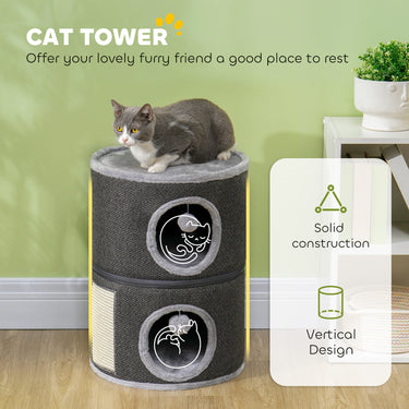 PawHut 2-Story Cat Condo Barrel Tree with Top Perch, 2 Hideaways, Scratching Board, Removable Cushions, Toy Balls, Dark Grey