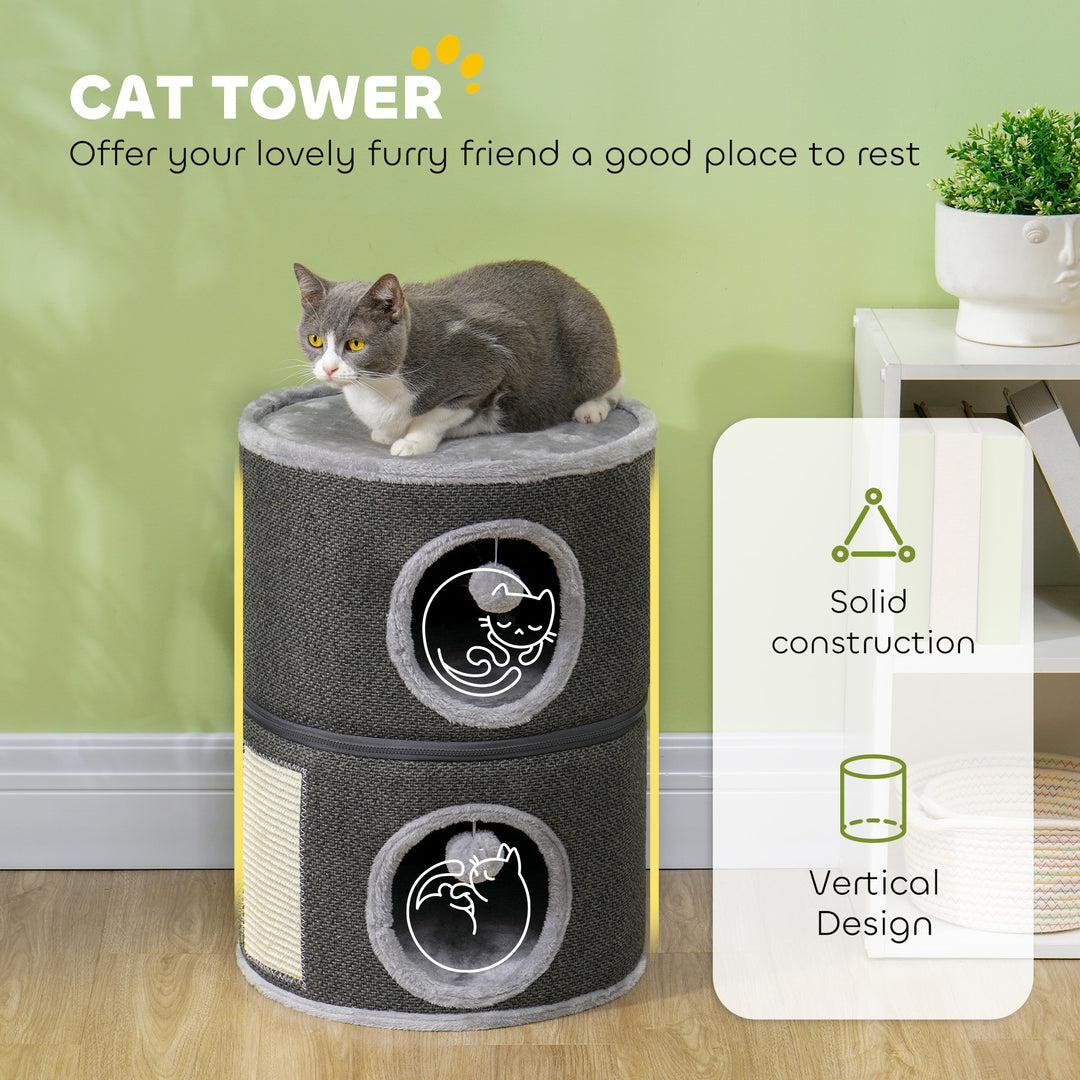 PawHut 2-Story Cat Condo Barrel Tree with Top Perch, 2 Hideaways, Scratching Board, Removable Cushions, Toy Balls, Dark Grey