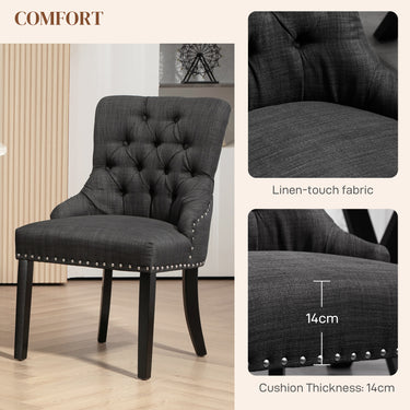 HOMCOM Swoop Air Linen Fabric Dining Chair Set of 2 with Nailhead Trim and Wood Legs, Dark Grey