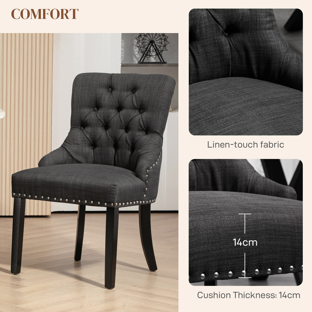 HOMCOM Swoop Air Linen Fabric Dining Chair Set of 2 with Nailhead Trim and Wood Legs, Dark Grey