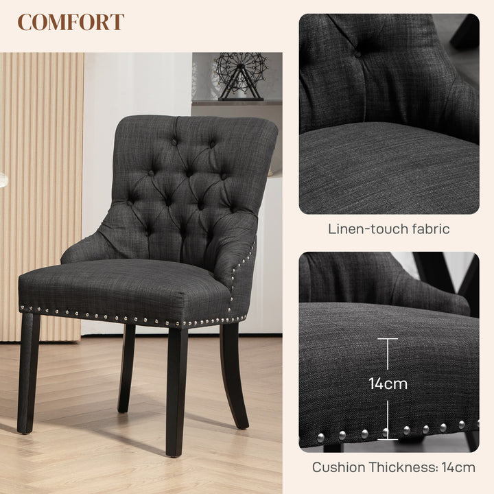 HOMCOM Swoop Air Linen Fabric Dining Chair Set of 2 with Nailhead Trim and Wood Legs, Dark Grey