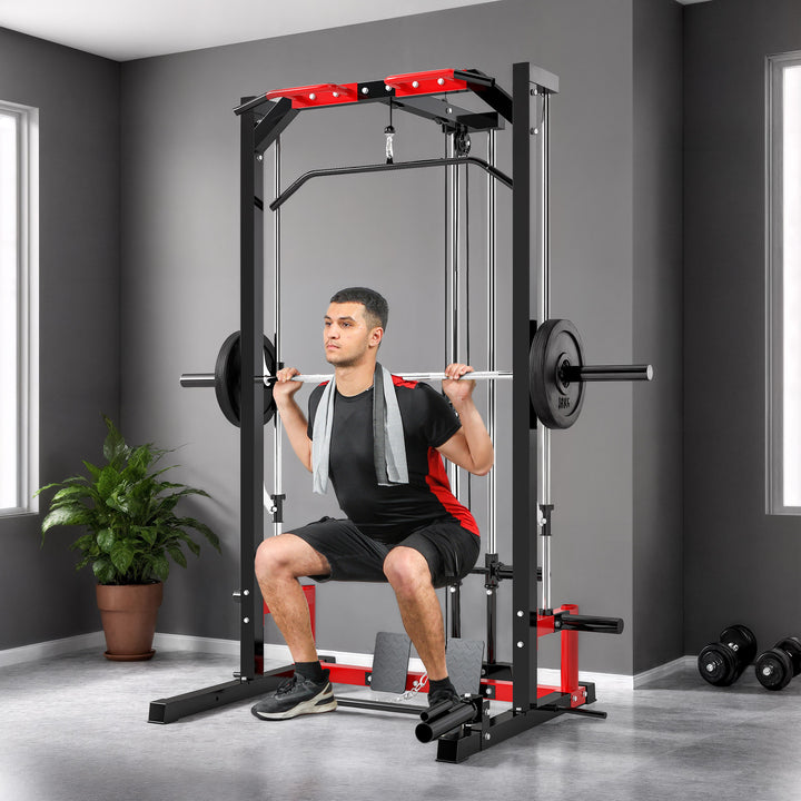 Soozier Smith Machine Power Rack with Pull Up Bar, Lat Pull Down System, Landmine, Squat Rack, Barbell Bar, for Home Gym