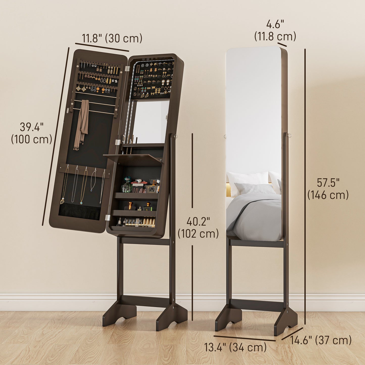 HOMCOM Freestanding Mirror Jewelry Cabinet Armoire, LED Lighted Jewelry Organizer with Stand, Angle Adjustable, White