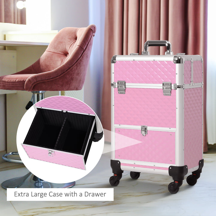 HOMCOM Portable Aluminum Makeup Train Cases, Rolling Makeup Case, Salon Beauty Cosmetic Jewelry Organizer Trolley with 4 Wheels, Pink
