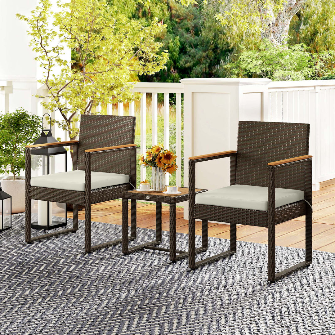 Outsunny 3 Pieces Wicker Patio Furniture Set, Rattan Bistro Set w/ Acacia Wood Table & Removable Cushions, Dark Blue