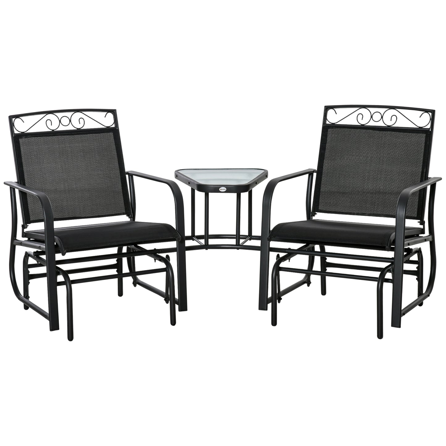 Outsunny Outdoor Glider Bench with Coffee Table, Patio 2-Seat Rocking Chair Swing Loveseat with Breathable Sling for Backyard Garden Porch, Black
