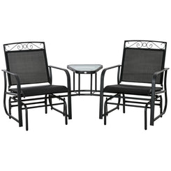 Outsunny Outdoor Glider Bench with Coffee Table, Patio 2-Seat Rocking Chair Swing Loveseat with Breathable Sling for Backyard Garden Porch, Black