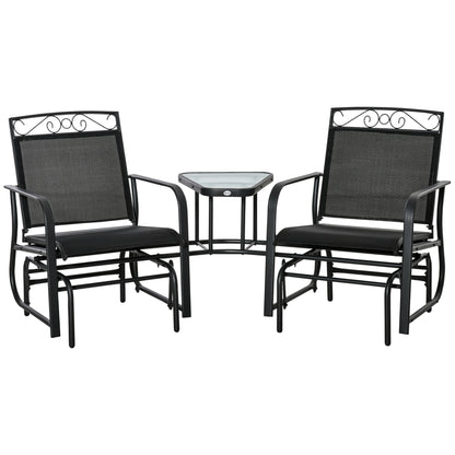 Outsunny Outdoor Glider Bench with Coffee Table, Patio 2-Seat Rocking Chair Swing Loveseat with Breathable Sling for Backyard Garden Porch, Black