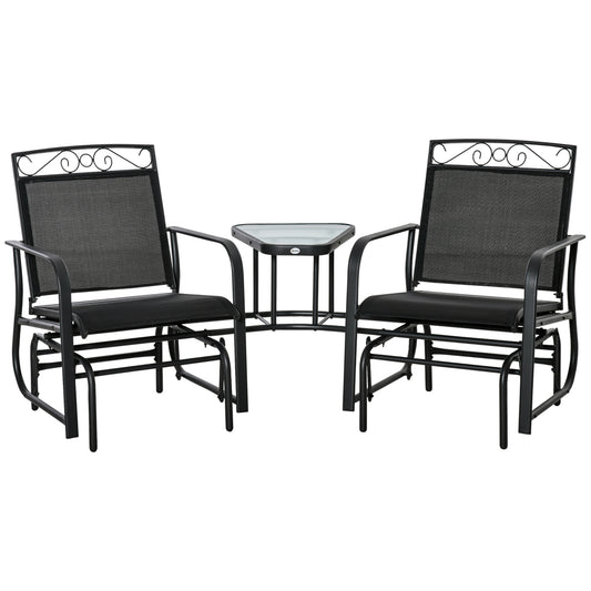 Outsunny Outdoor Glider Bench with Coffee Table, Patio 2-Seat Rocking Chair Swing Loveseat with Breathable Sling for Backyard Garden Porch, Black
